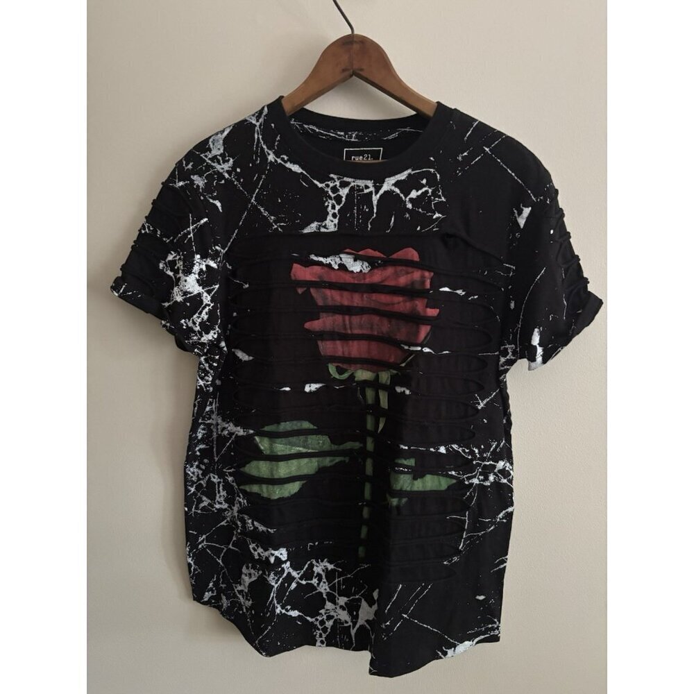 Rue 21 Burnout Rose Distressed T Shirt Men’s Small Goth Grunge Dark Floral